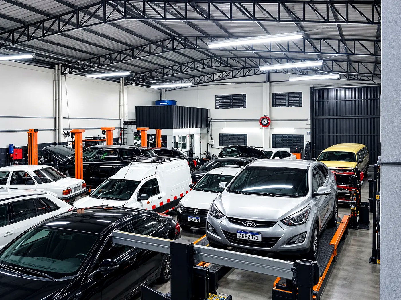Estrutura interna da oficina ArtecSul com elevadores e veículos em manutenção